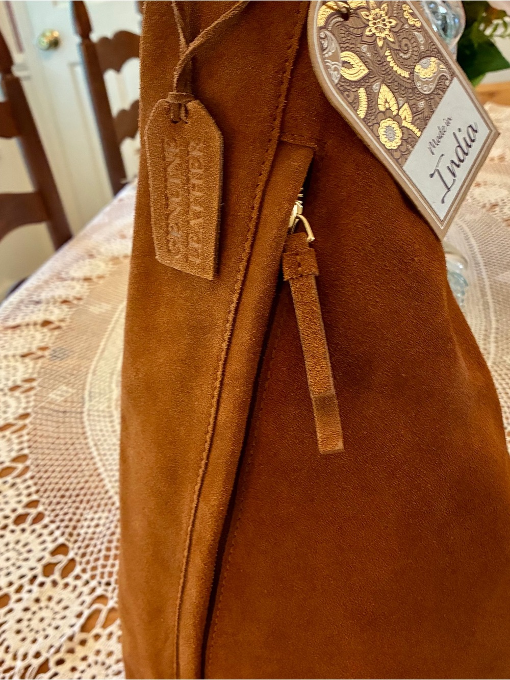 NWT Made in India Brown Suede Women’s Backpack/Sling Bag - Picture 6 of 11